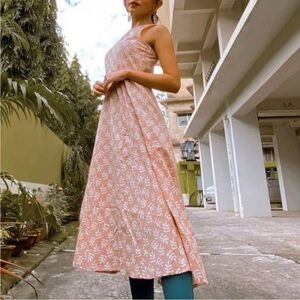 Shae beige Linen blend leaf print Midi dress sleeveless M